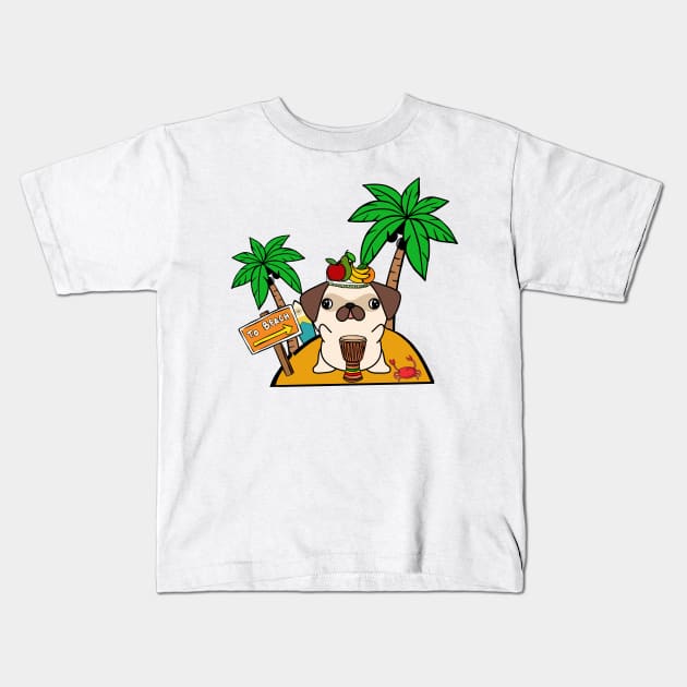 Funny pug is on a deserted island Kids T-Shirt by Pet Station